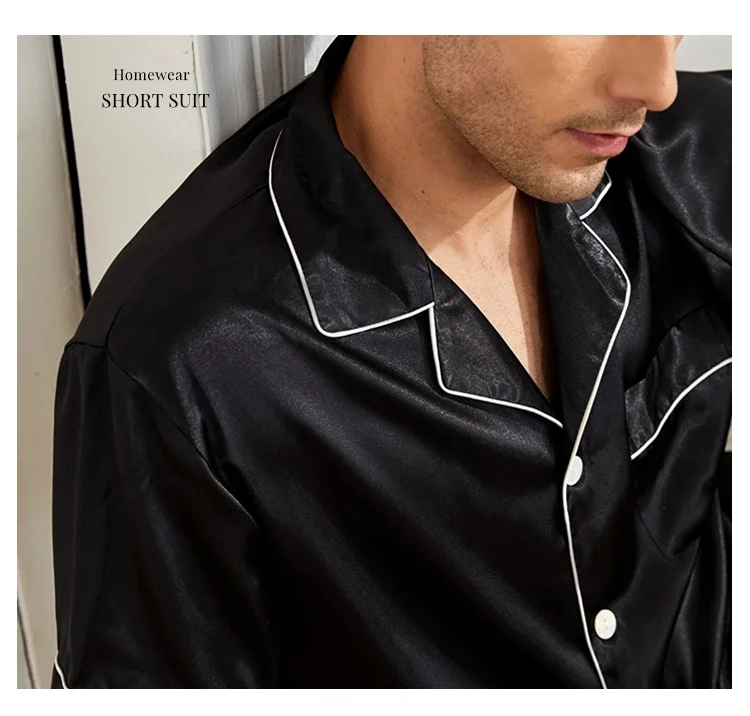 Mens two piece pajama set satin casual comfortable pijama button pocket short sleeve shirt with shorts Pajamas sleepwear for Men