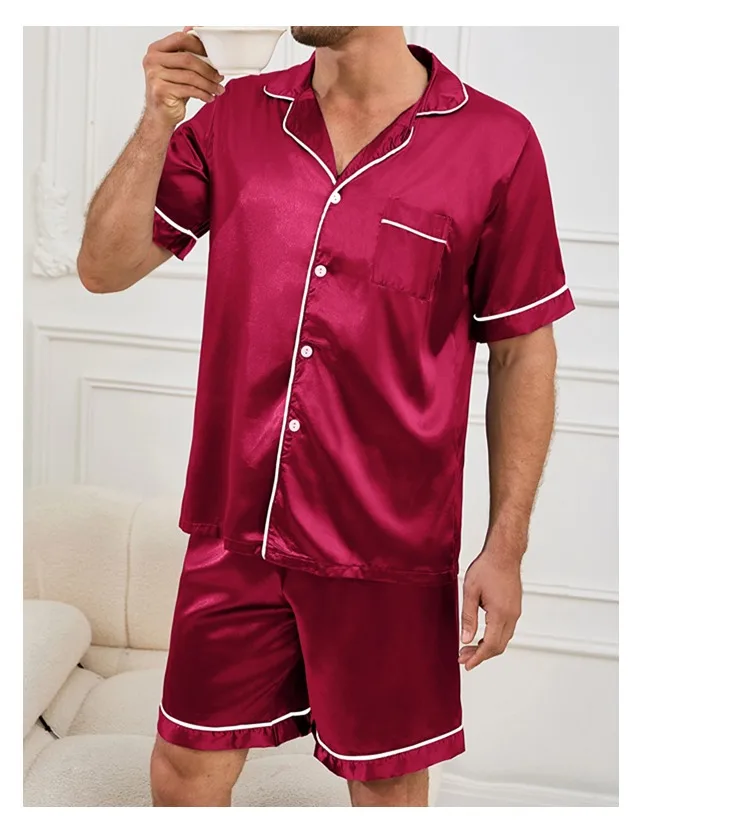 Mens two piece pajama set satin casual comfortable pijama button pocket short sleeve shirt with shorts Pajamas sleepwear for Men