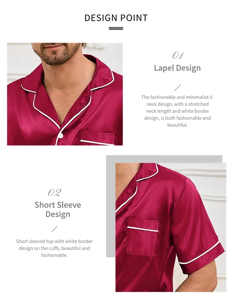 Mens two piece pajama set satin casual comfortable pijama button pocket short sleeve shirt with shorts Pajamas sleepwear for Men