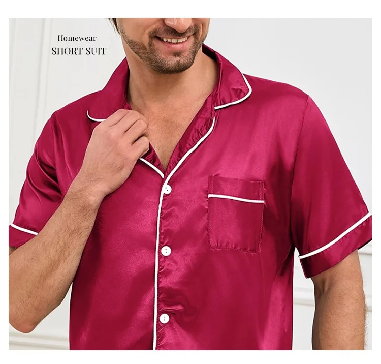Mens two piece pajama set satin casual comfortable pijama button pocket short sleeve shirt with shorts Pajamas sleepwear for Men