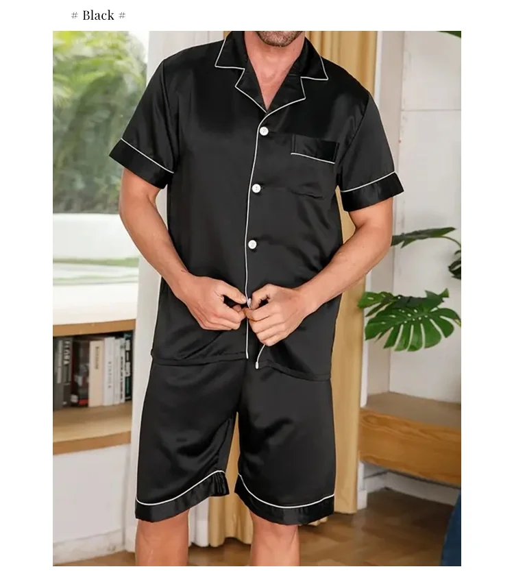 Mens two piece pajama set satin casual comfortable pijama button pocket short sleeve shirt with shorts Pajamas sleepwear for Men