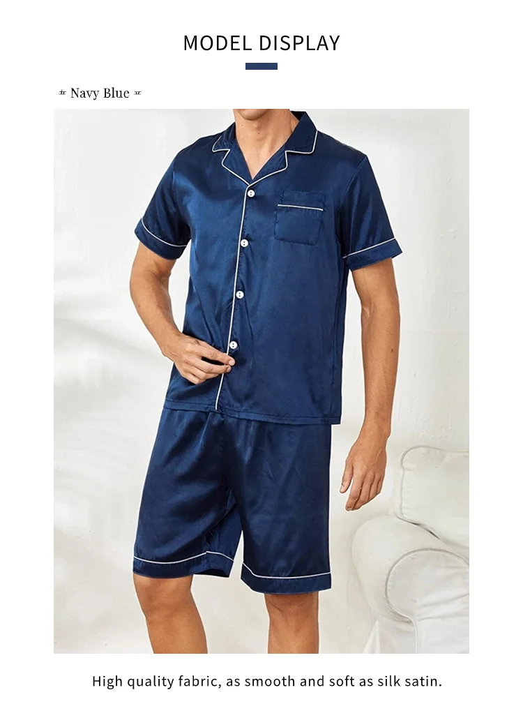 Mens two piece pajama set satin casual comfortable pijama button pocket short sleeve shirt with shorts Pajamas sleepwear for Men