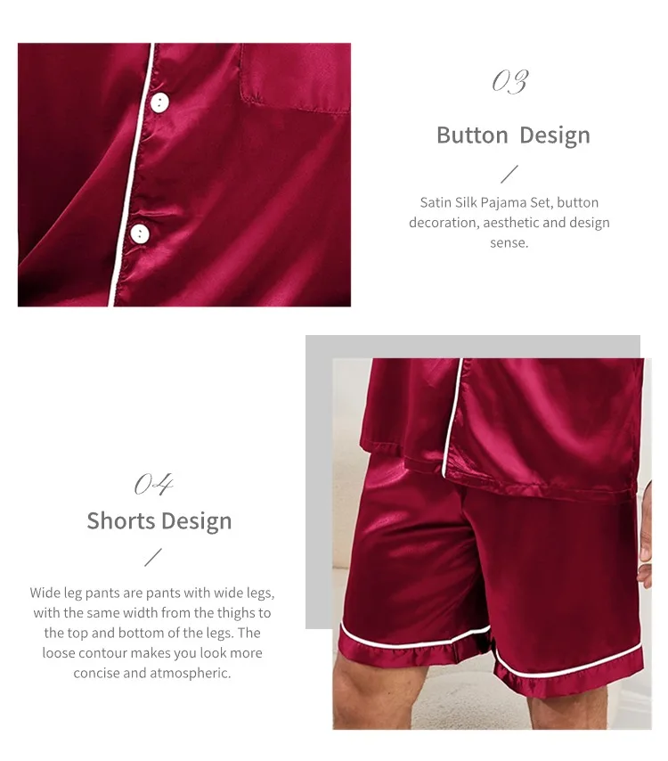 Mens two piece pajama set satin casual comfortable pijama button pocket short sleeve shirt with shorts Pajamas sleepwear for Men