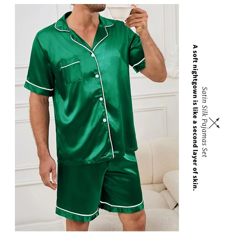 Mens two piece pajama set satin casual comfortable pijama button pocket short sleeve shirt with shorts Pajamas sleepwear for Men