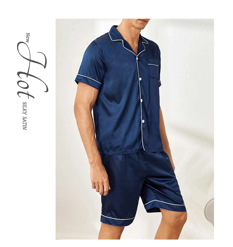Mens two piece pajama set satin casual comfortable pijama button pocket short sleeve shirt with shorts Pajamas sleepwear for Men