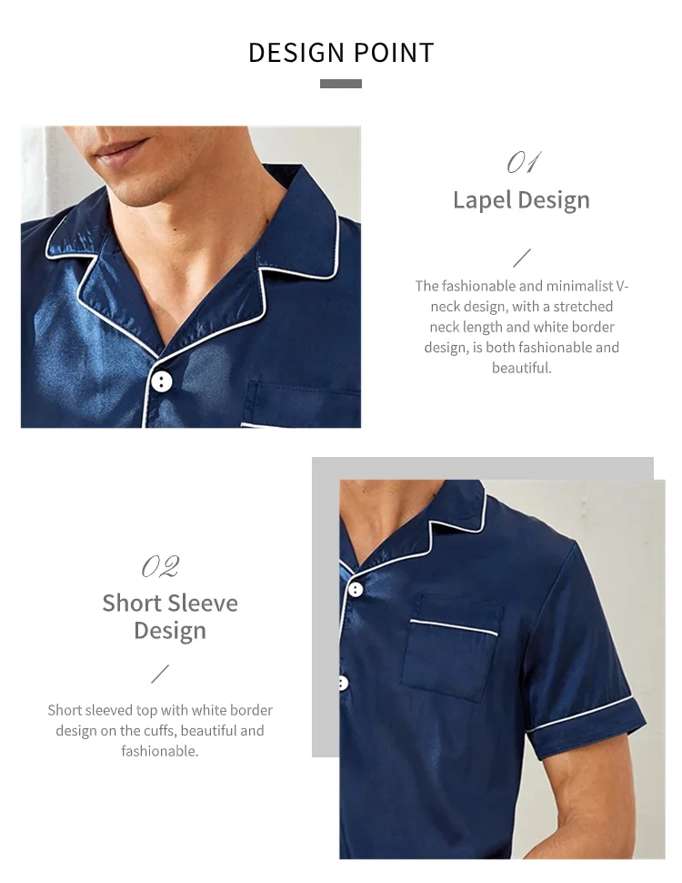 Mens two piece pajama set satin casual comfortable pijama button pocket short sleeve shirt with shorts Pajamas sleepwear for Men