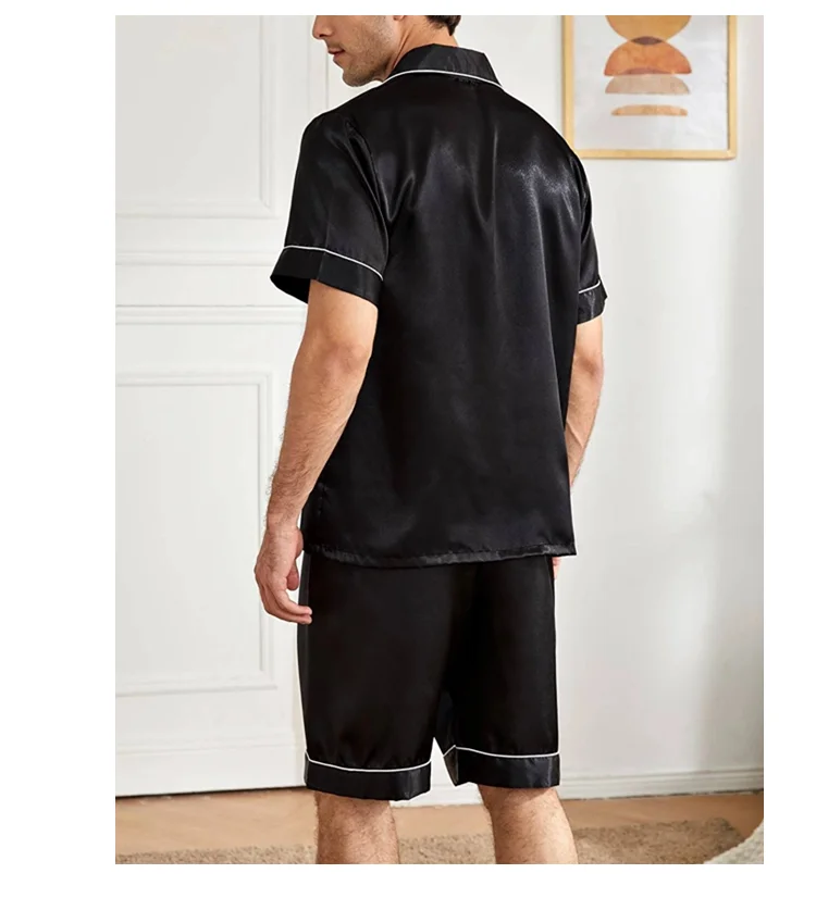Mens two piece pajama set satin casual comfortable pijama button pocket short sleeve shirt with shorts Pajamas sleepwear for Men