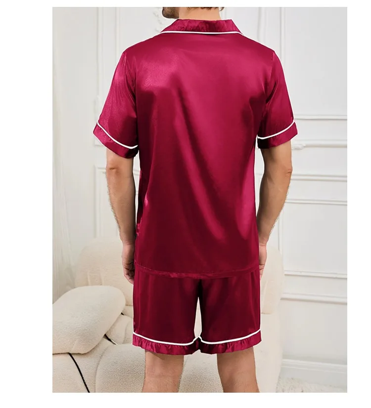 Mens two piece pajama set satin casual comfortable pijama button pocket short sleeve shirt with shorts Pajamas sleepwear for Men