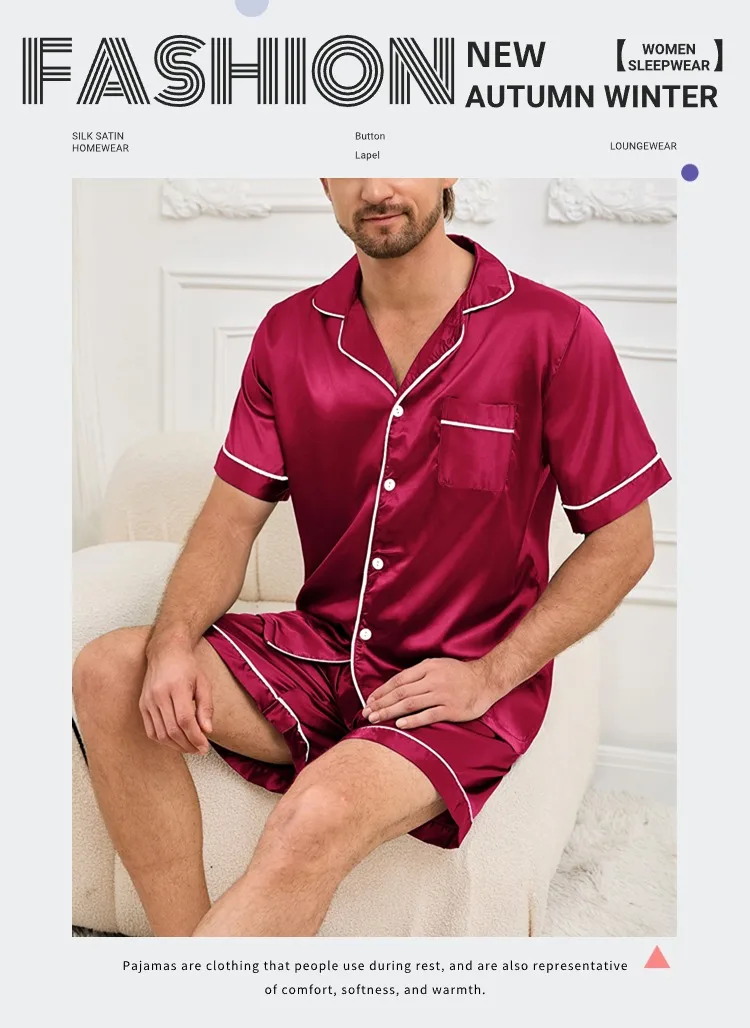 Mens two piece pajama set satin casual comfortable pijama button pocket short sleeve shirt with shorts Pajamas sleepwear for Men