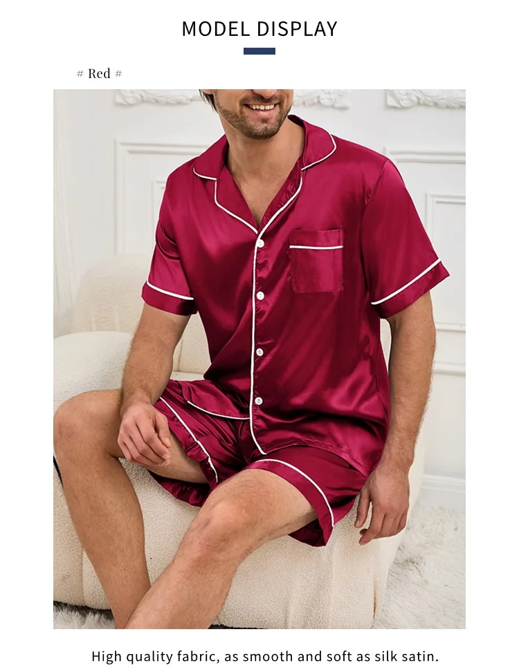 Mens two piece pajama set satin casual comfortable pijama button pocket short sleeve shirt with shorts Pajamas sleepwear for Men