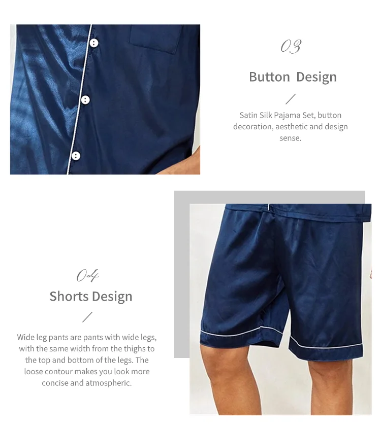 Mens two piece pajama set satin casual comfortable pijama button pocket short sleeve shirt with shorts Pajamas sleepwear for Men