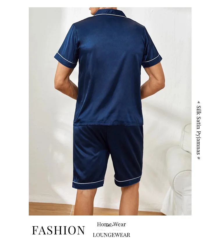 Mens two piece pajama set satin casual comfortable pijama button pocket short sleeve shirt with shorts Pajamas sleepwear for Men
