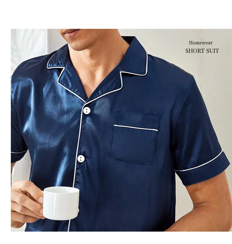 Mens two piece pajama set satin casual comfortable pijama button pocket short sleeve shirt with shorts Pajamas sleepwear for Men