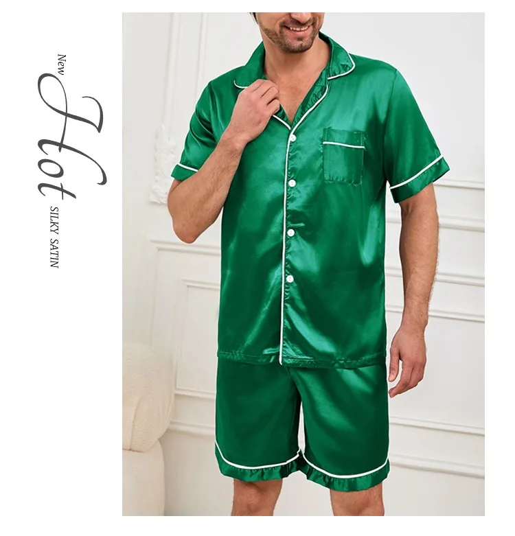 Mens two piece pajama set satin casual comfortable pijama button pocket short sleeve shirt with shorts Pajamas sleepwear for Men