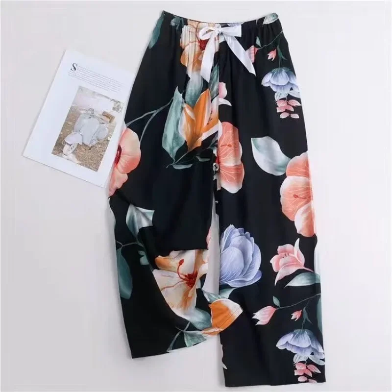 Cute Women Loose Pajama Pants Summer Lounge Trousers Floral Print Casual Stretch Waist Drawstring High Waist Pants Home Pants