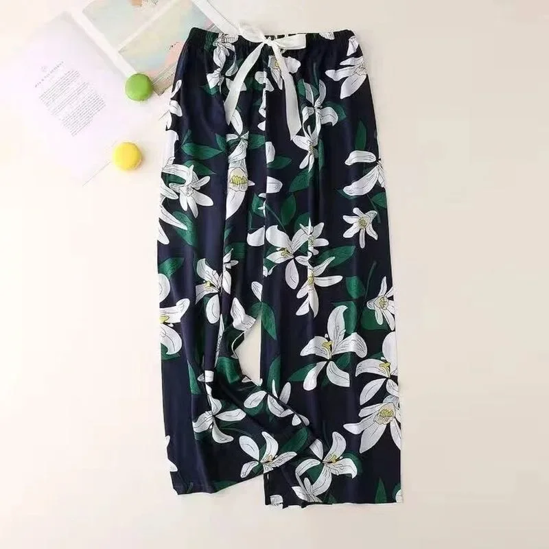 Cute Women Loose Pajama Pants Summer Lounge Trousers Floral Print Casual Stretch Waist Drawstring High Waist Pants Home Pants