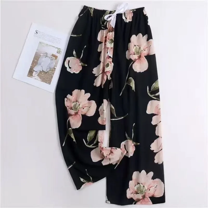 Cute Women Loose Pajama Pants Summer Lounge Trousers Floral Print Casual Stretch Waist Drawstring High Waist Pants Home Pants