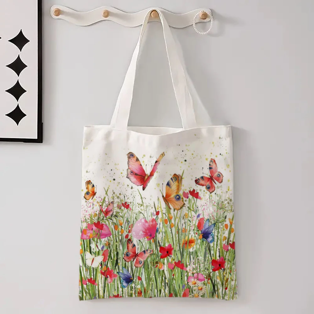 Butterfly Floral Reusable Bag Colorful Weed Pattern Shopping Travel Large Shoulder Bag Foldable Utility Tote Bags
