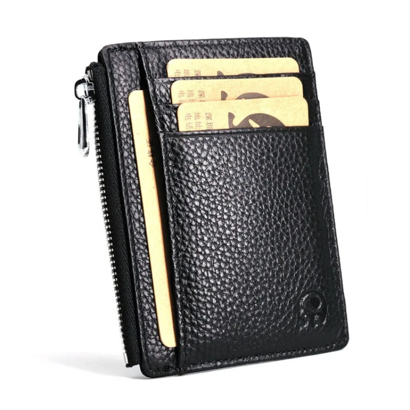 Small Men's Wallet Genuine Leather Credit Card Holder With Zipper Coin Pocket Mini Purse For Women Driver's License ID Slot