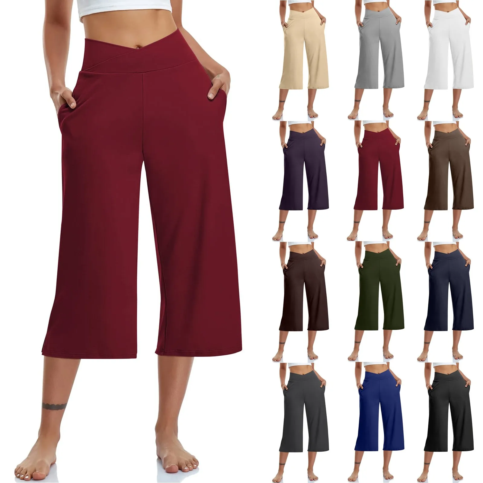 Summer Sports Pants Women'S Elastic High Waisted Casual Pants 3/4 Long Pants Solid Color Slim Fit Capris Yoga Pants Jogging Pant