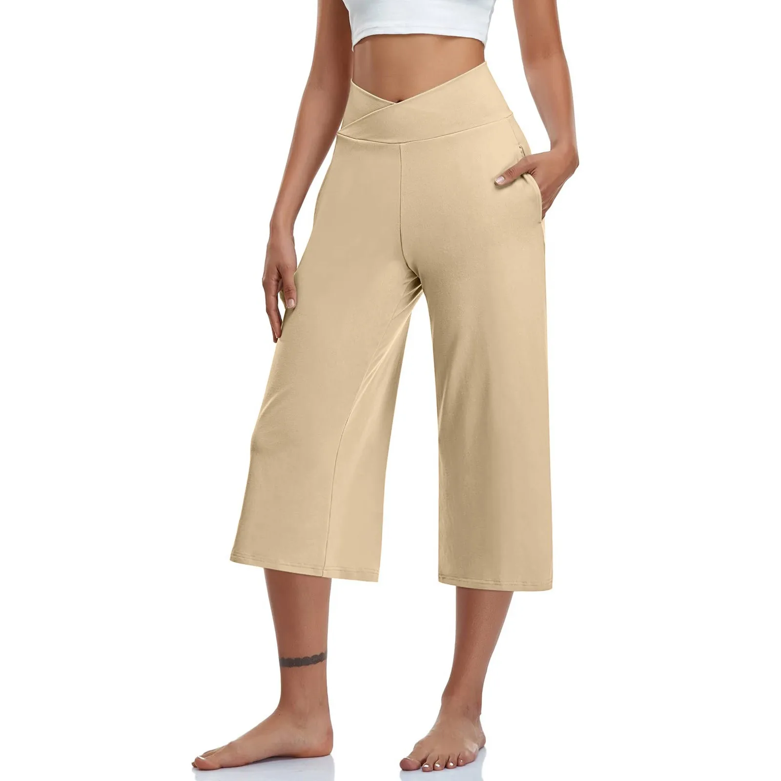 Summer Sports Pants Women'S Elastic High Waisted Casual Pants 3/4 Long Pants Solid Color Slim Fit Capris Yoga Pants Jogging Pant