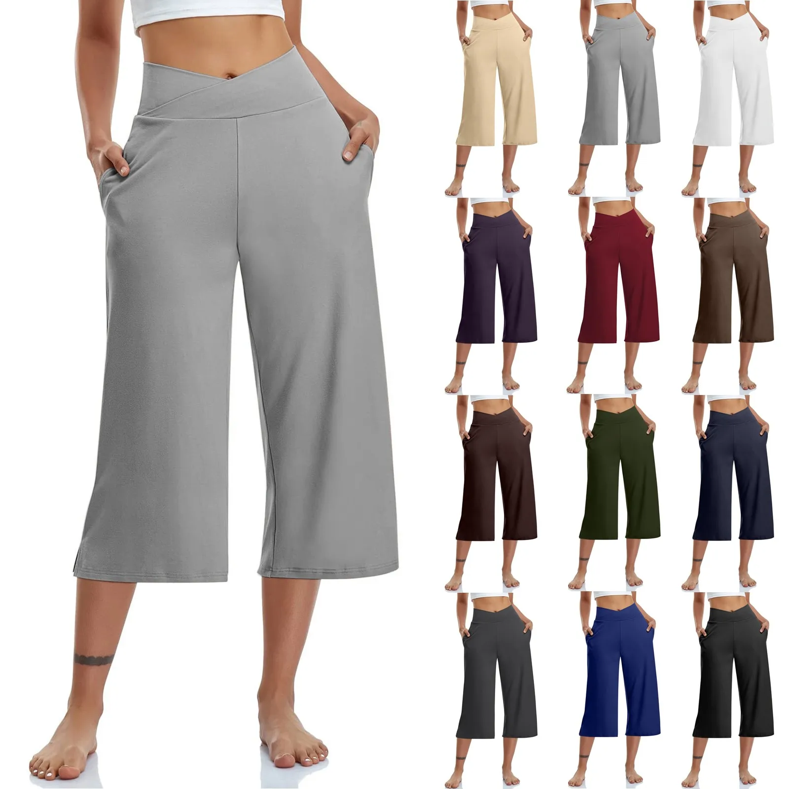Summer Sports Pants Women'S Elastic High Waisted Casual Pants 3/4 Long Pants Solid Color Slim Fit Capris Yoga Pants Jogging Pant
