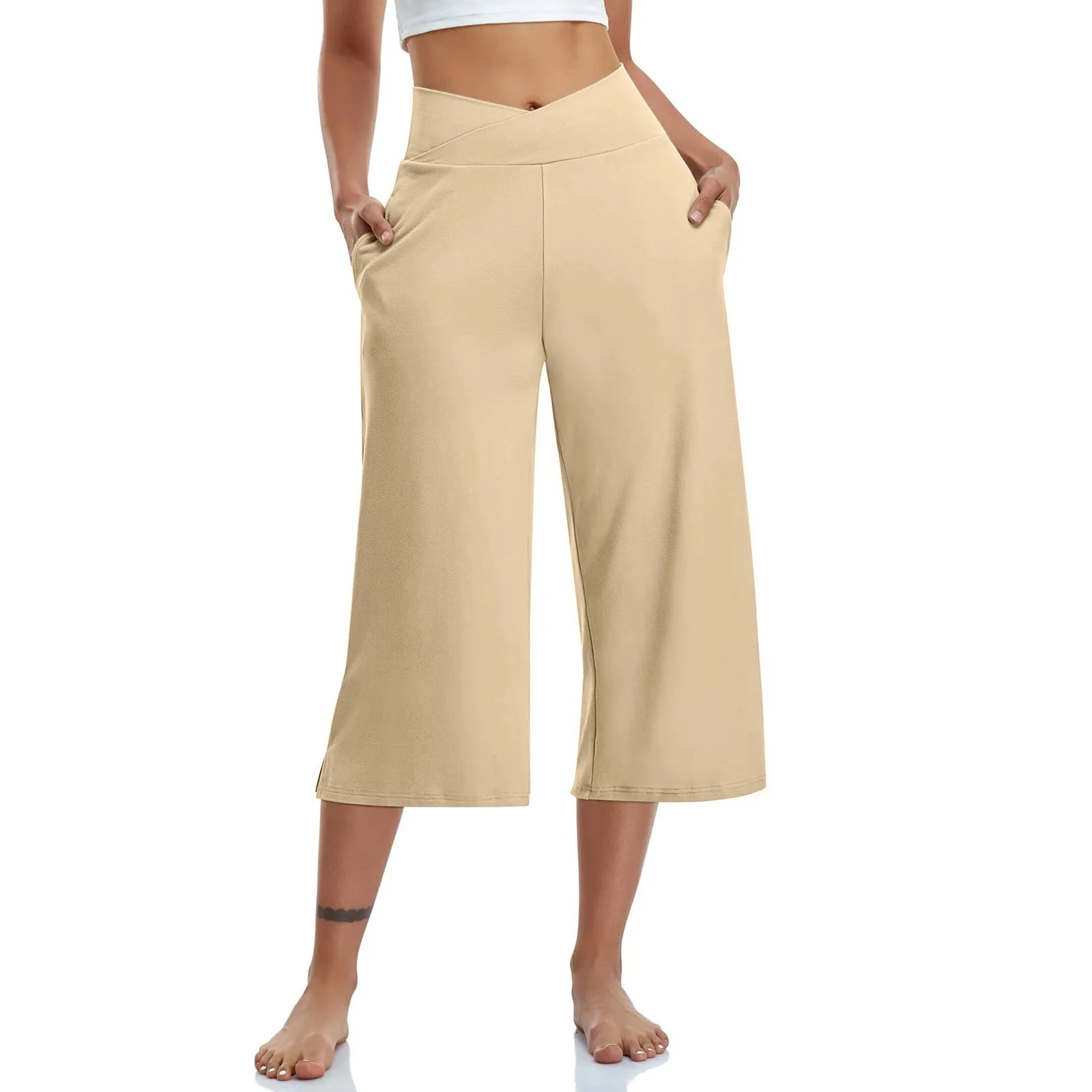 Summer Sports Pants Women'S Elastic High Waisted Casual Pants 3/4 Long Pants Solid Color Slim Fit Capris Yoga Pants Jogging Pant