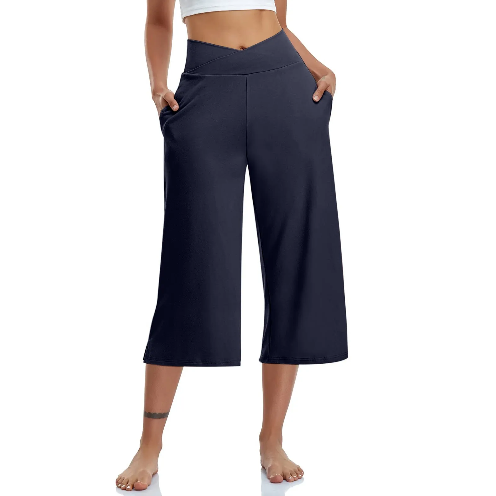 Summer Sports Pants Women'S Elastic High Waisted Casual Pants 3/4 Long Pants Solid Color Slim Fit Capris Yoga Pants Jogging Pant