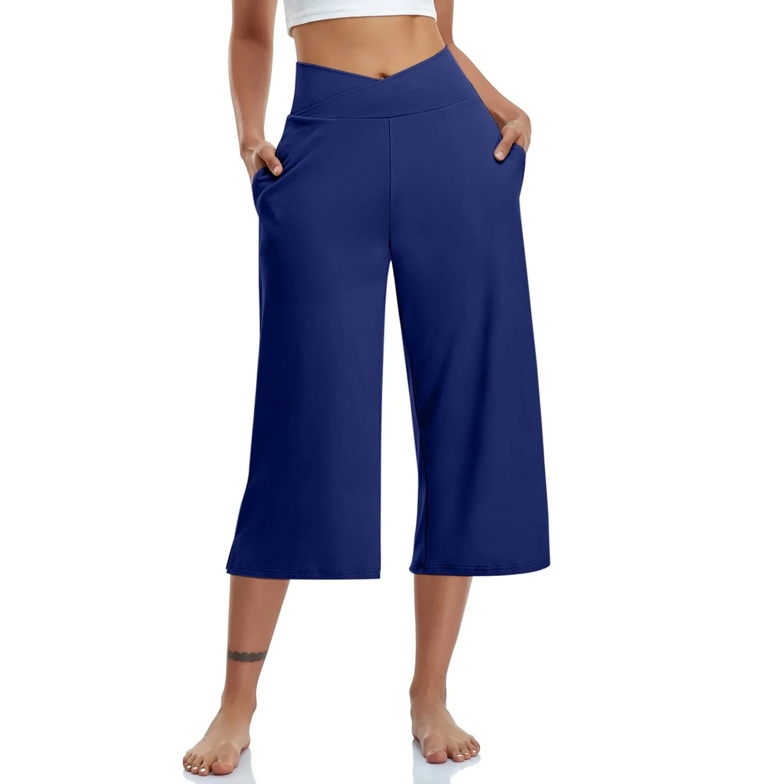 Summer Sports Pants Women'S Elastic High Waisted Casual Pants 3/4 Long Pants Solid Color Slim Fit Capris Yoga Pants Jogging Pant