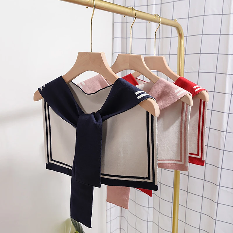 Korean College Navy Stripe Wool Knit Shoulder Cape Knotted Warm Shawl Summer Air Conditioned Room Protect Neck Woman's Scarf