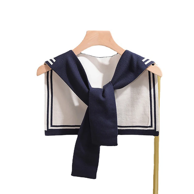 Korean College Navy Stripe Wool Knit Shoulder Cape Knotted Warm Shawl Summer Air Conditioned Room Protect Neck Woman's Scarf