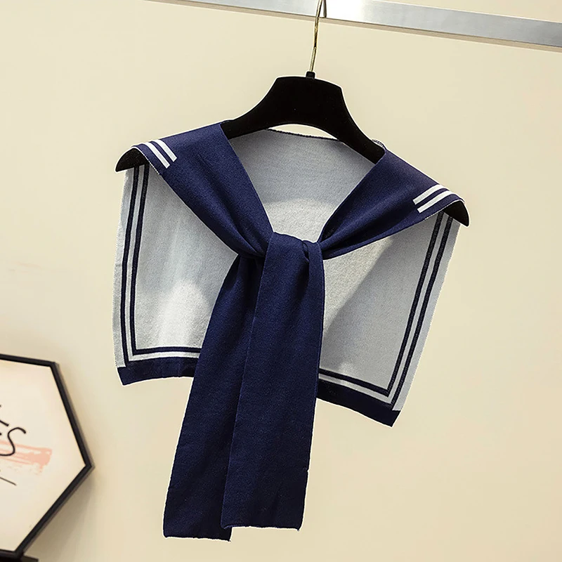 Korean College Navy Stripe Wool Knit Shoulder Cape Knotted Warm Shawl Summer Air Conditioned Room Protect Neck Woman's Scarf