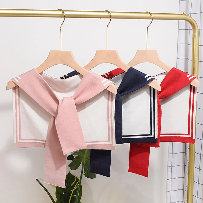 Korean College Navy Stripe Wool Knit Shoulder Cape Knotted Warm Shawl Summer Air Conditioned Room Protect Neck Woman's Scarf