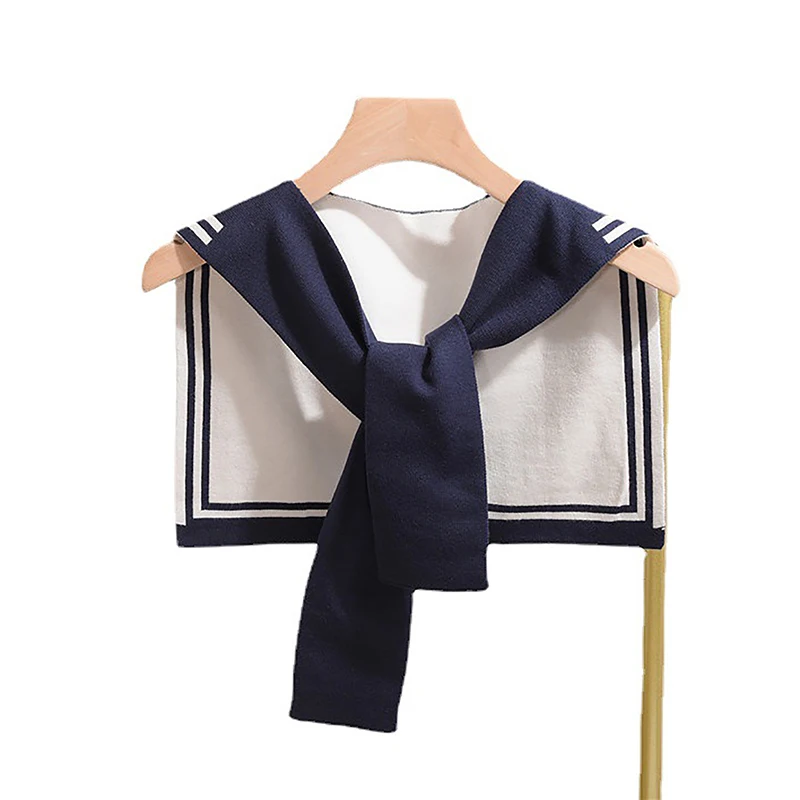 Korean College Navy Stripe Wool Knit Shoulder Cape Knotted Warm Shawl Summer Air Conditioned Room Protect Neck Woman's Scarf