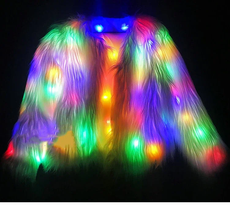 Women Faux Fur Coat Valentine Cosplay LED Multi-Color Warm Hoodie Vest Shiny LED Jacket Light Up Dance Costume