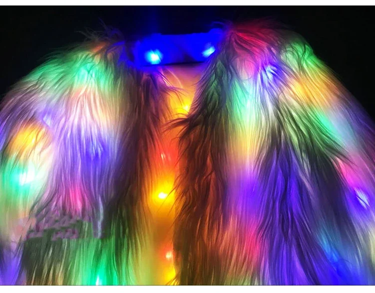 Women Faux Fur Coat Valentine Cosplay LED Multi-Color Warm Hoodie Vest Shiny LED Jacket Light Up Dance Costume