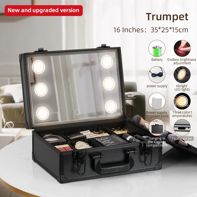 Makeup Travel Lighted Case with Large LED Light Mirror Coetic Bag Organizer Professional Adjustable Divider Storage, Waterproof
