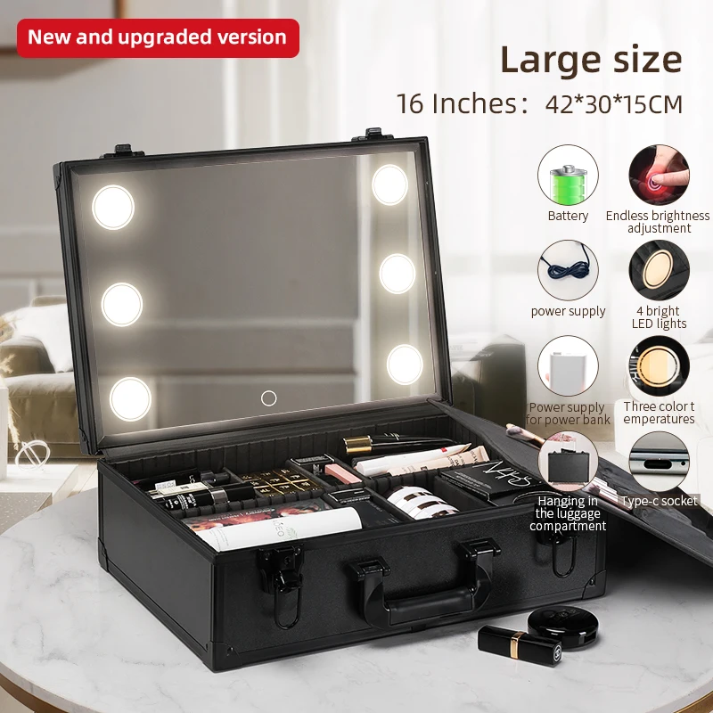 Makeup Travel Lighted Case with Large LED Light Mirror Coetic Bag Organizer Professional Adjustable Divider Storage, Waterproof