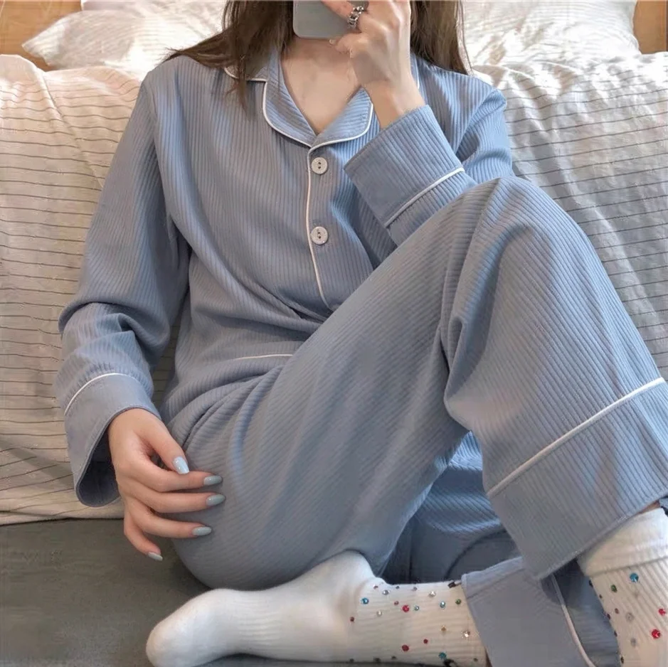 New Women's Imitation Pyjamas Homewear Set Girls Spring and Autumn Pajamas Homewear Ladies Long-Sleeved Cardigan Homewear