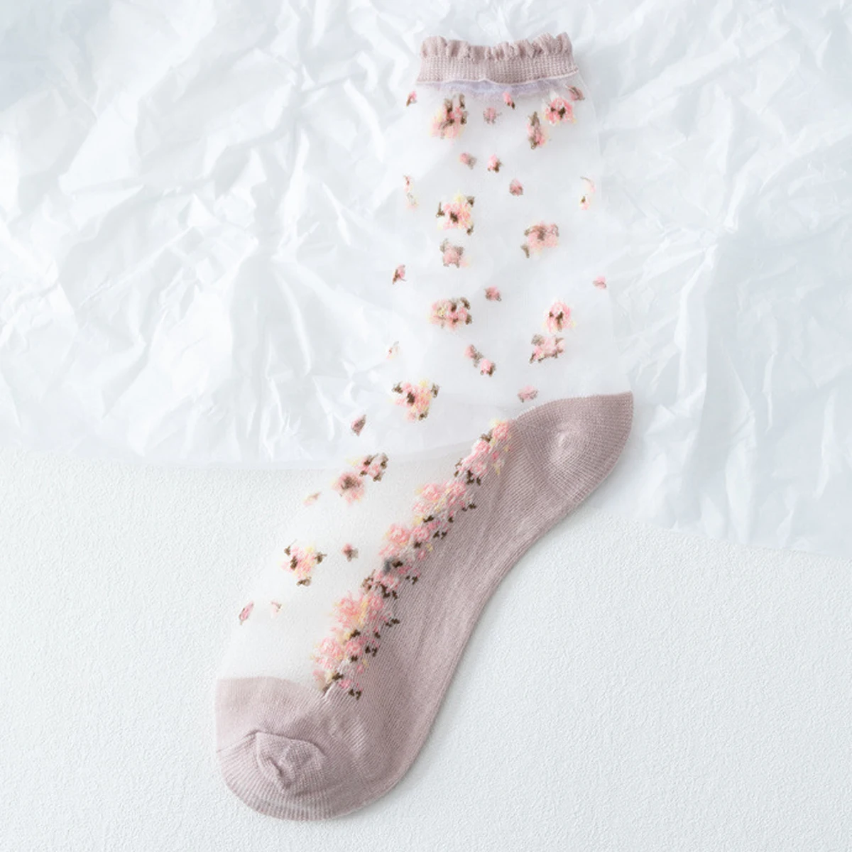 5Pairs Women Flower Sock Summer Lace Crystal Glass Silk Socks Short Thin Transparent Roses Jacquard Elastic Ultra Thin Socks
