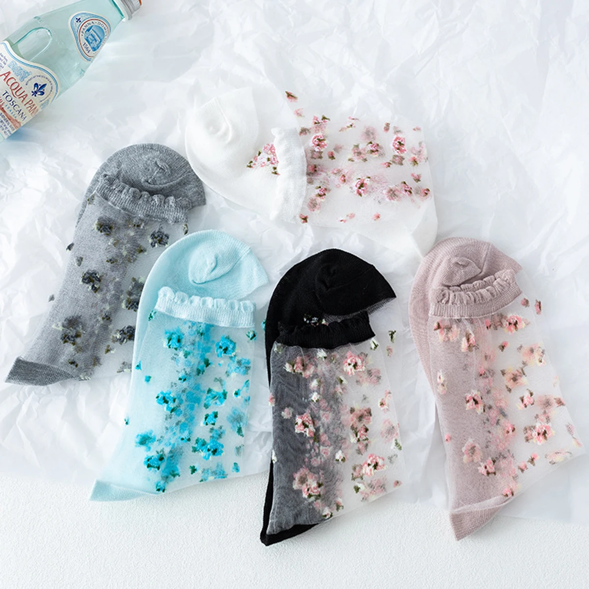 5Pairs Women Flower Sock Summer Lace Crystal Glass Silk Socks Short Thin Transparent Roses Jacquard Elastic Ultra Thin Socks
