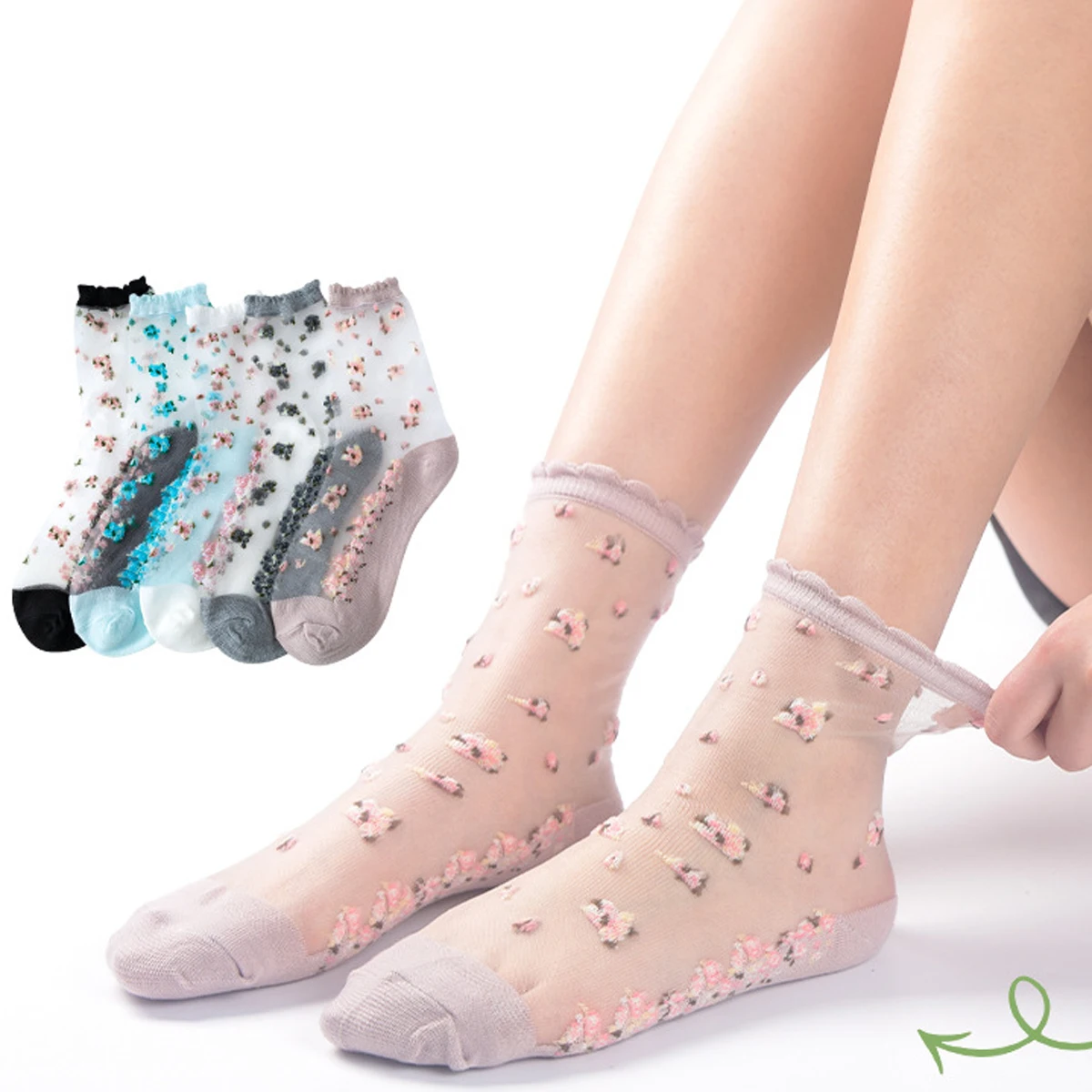 5Pairs Women Flower Sock Summer Lace Crystal Glass Silk Socks Short Thin Transparent Roses Jacquard Elastic Ultra Thin Socks