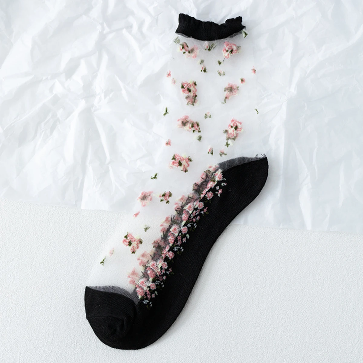 5Pairs Women Flower Sock Summer Lace Crystal Glass Silk Socks Short Thin Transparent Roses Jacquard Elastic Ultra Thin Socks