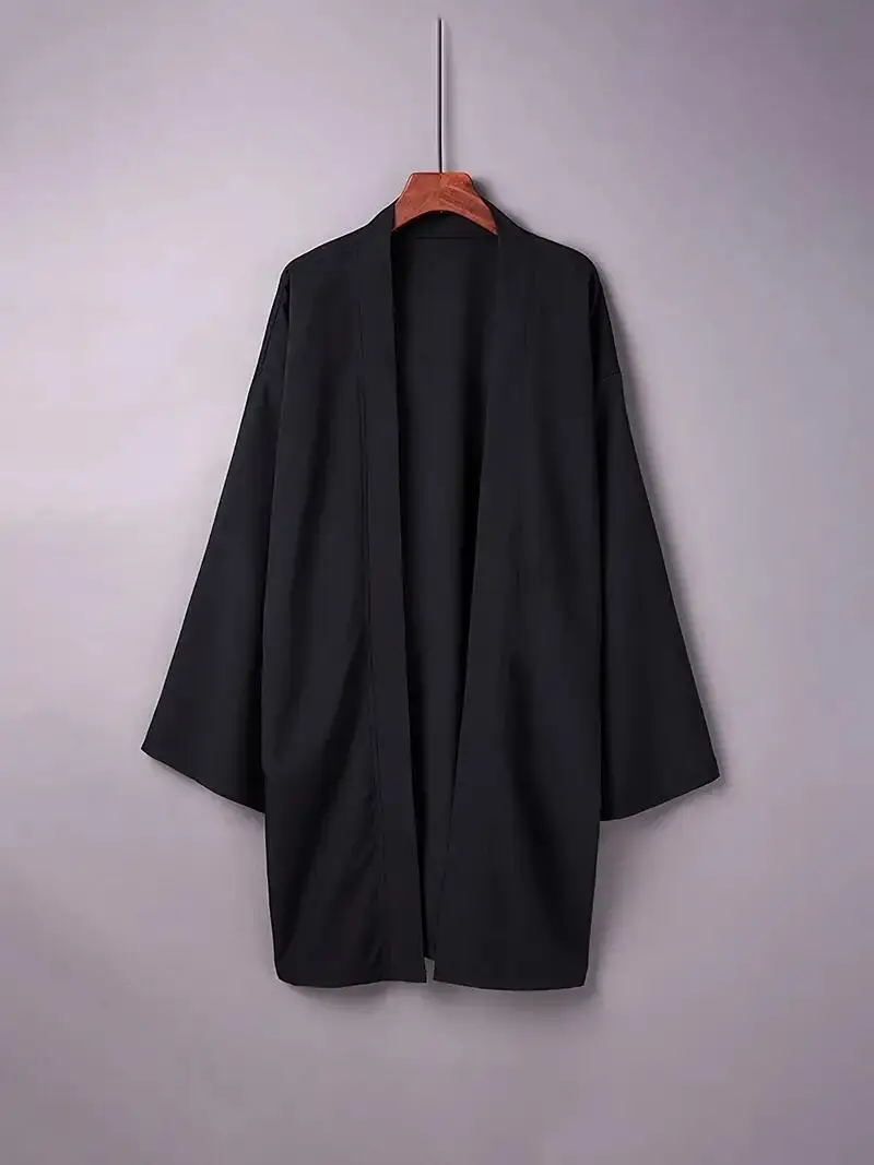 Summer Men Black Robe Samurai Clothing Solid Color Loose Asian Traditional Costume Beach Japanese Kimono Cloak Sunscreen Coat