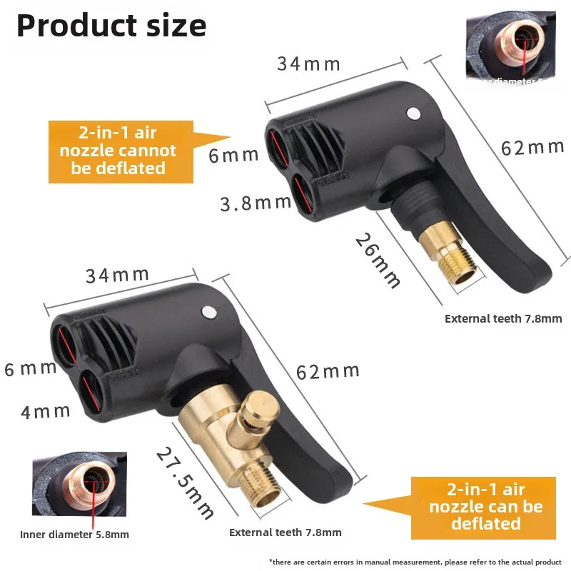 2-In-1 Bicycle Pump Nozzle Hose Adapter Inflatable Pump Motorbike Air Chuck Inflator Valve Connector Adapter Auto Accessories