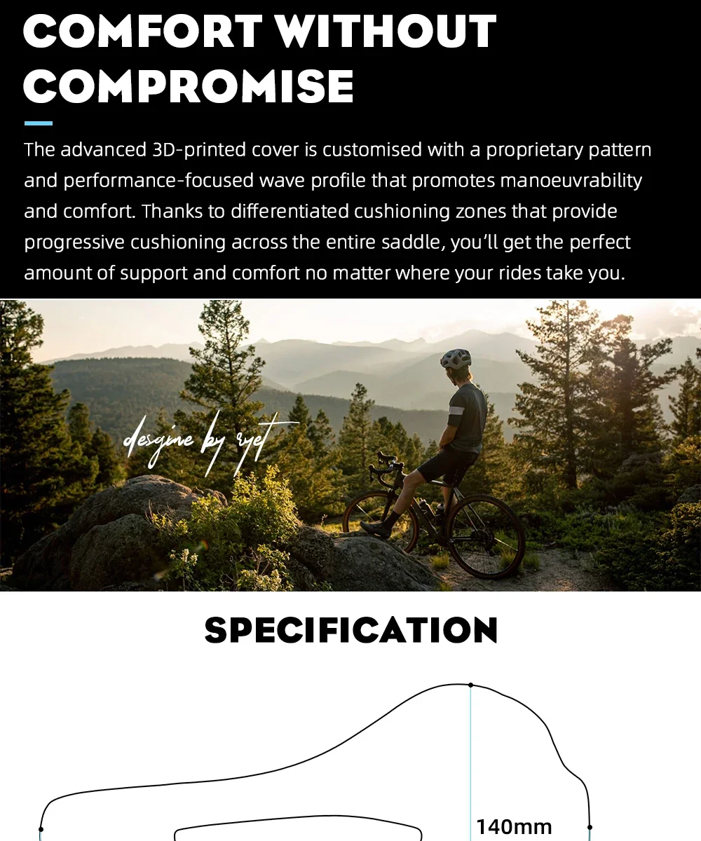 2024 RYET 3D Printed Bicycle Saddle 120g Carbon Cushion 250x140mm Bike Seating for MTB Gravel Road Bike Seat Cycling Accessories