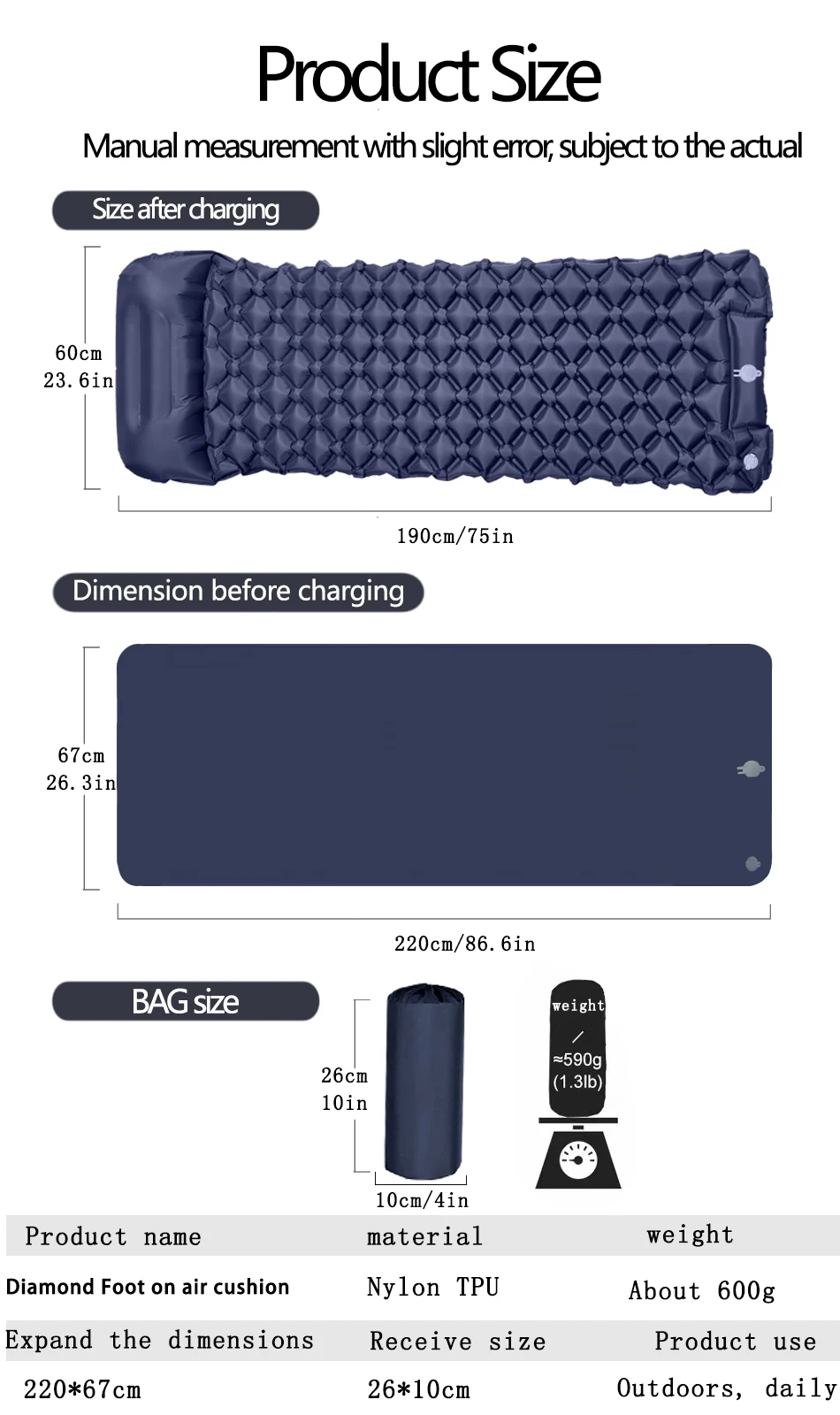 Outdoor Camping Inflatable Mattress Sleeping Pad With Pillows Ultralight Air Mat Built In Inflator Pump Hiking