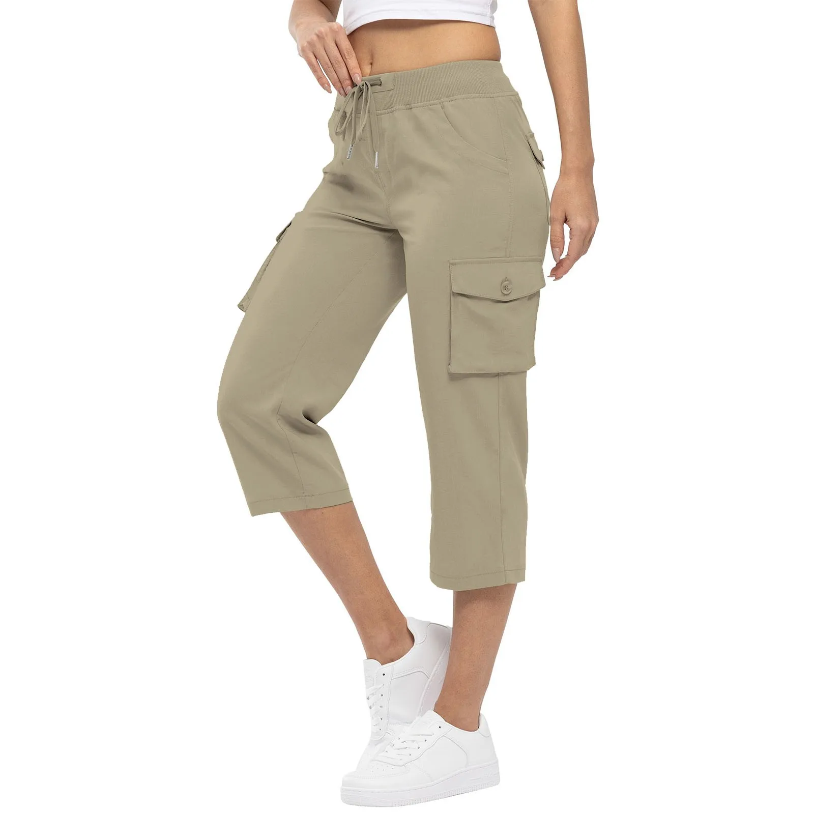 Women'S Pants 2024 Summer Fashion Pocket Design Cuffed Drawstring Casual Plain High Waist Skinny Daily Knee-Length Pants