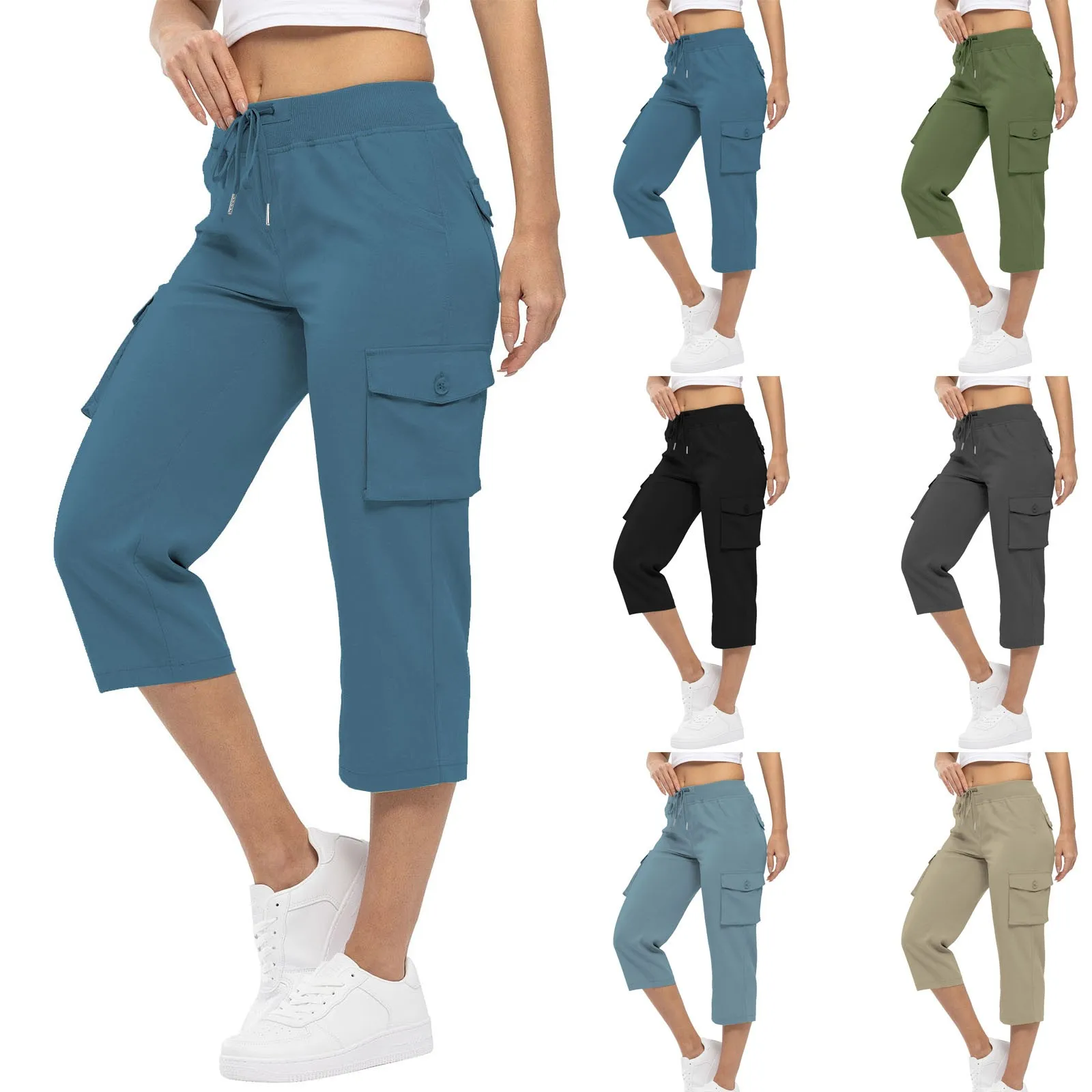 Women'S Pants 2024 Summer Fashion Pocket Design Cuffed Drawstring Casual Plain High Waist Skinny Daily Knee-Length Pants