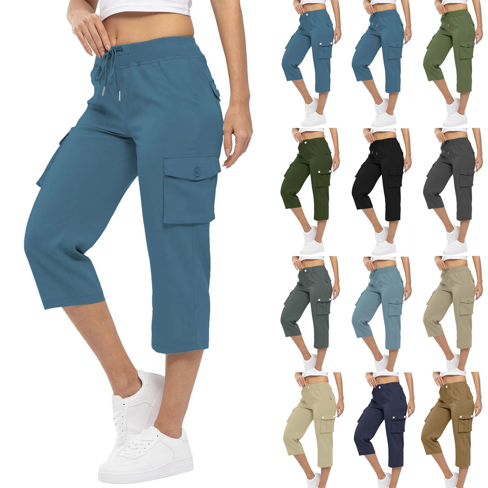 Women'S Pants 2024 Summer Fashion Pocket Design Cuffed Drawstring Casual Plain High Waist Skinny Daily Knee-Length Pants